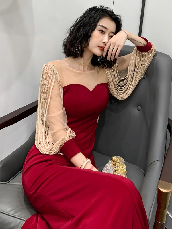 Fashion Burgundy Evening Dresses  2020 Trumpet / Mermaid See-through Scoop Neck Puffy 3/4 Sleeve Appliques Sequins Sweep Train Ruffle Formal Dresses