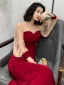 Fashion Burgundy Evening Dresses  2020 Trumpet / Mermaid See-through Scoop Neck Puffy 3/4 Sleeve Appliques Sequins Sweep Train Ruffle Formal Dresses