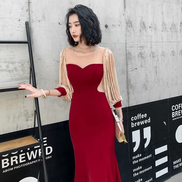Fashion Burgundy Evening Dresses  2020 Trumpet / Mermaid See-through Scoop Neck Puffy 3/4 Sleeve Appliques Sequins Sweep Train Ruffle Formal Dresses