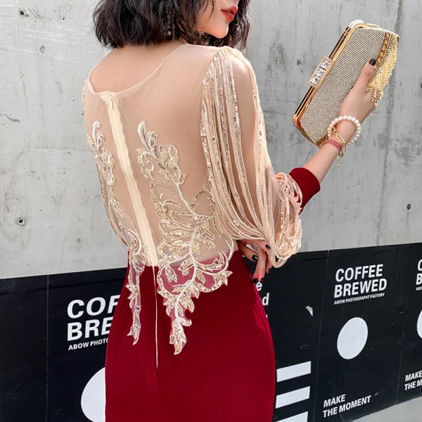 Fashion Burgundy Evening Dresses  2020 Trumpet / Mermaid See-through Scoop Neck Puffy 3/4 Sleeve Appliques Sequins Sweep Train Ruffle Formal Dresses