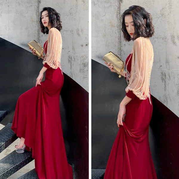 Fashion Burgundy Evening Dresses  2020 Trumpet / Mermaid See-through Scoop Neck Puffy 3/4 Sleeve Appliques Sequins Sweep Train Ruffle Formal Dresses