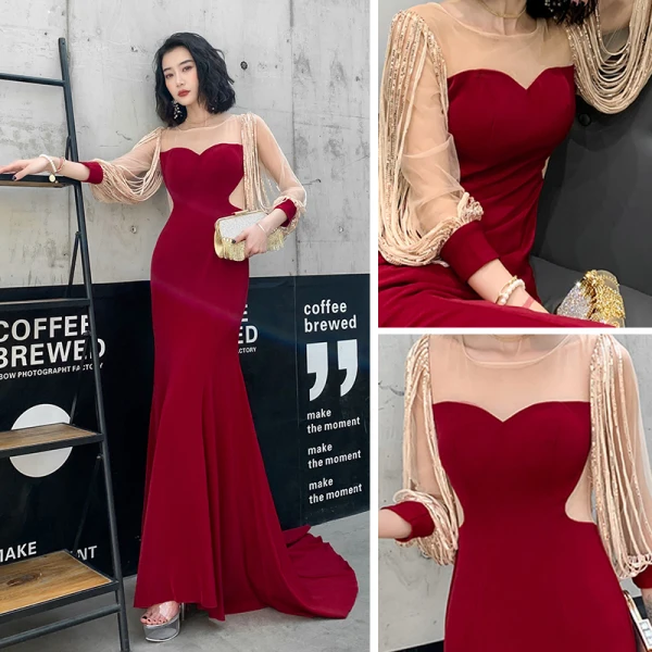 Fashion Burgundy Evening Dresses  2020 Trumpet / Mermaid See-through Scoop Neck Puffy 3/4 Sleeve Appliques Sequins Sweep Train Ruffle Formal Dresses