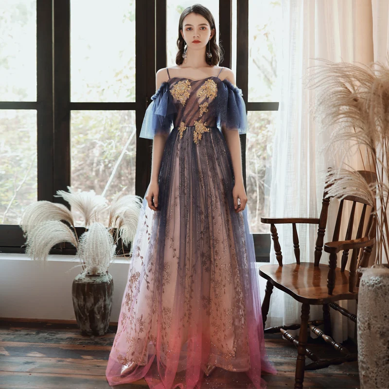 open lace back dress Blue Tulle A-line Princess Off-the-Shoulder Prom Dresses, Evening Dress,  MP665