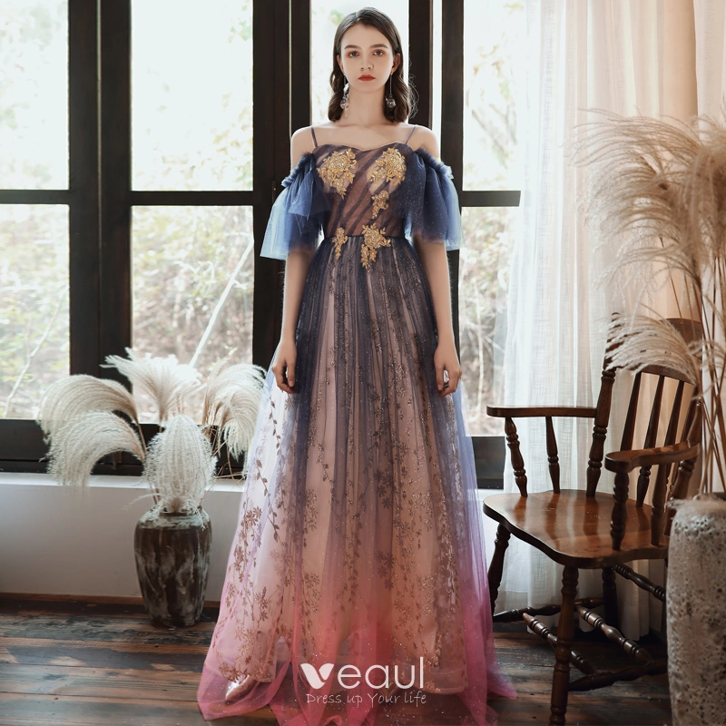 Chic / Beautiful Navy Blue Gradient-Color Candy Pink Evening Dresses 2020 A-Line / Princess Spaghetti Straps 1/2 Sleeves Appliques Beading Sequins Chic / Beautiful Navy Blue Gradient-Color Candy Pink Evening Dresses 2020 A-Line / Princess Spaghetti Straps 1/2 Sleeves Appliques Beading Sequins