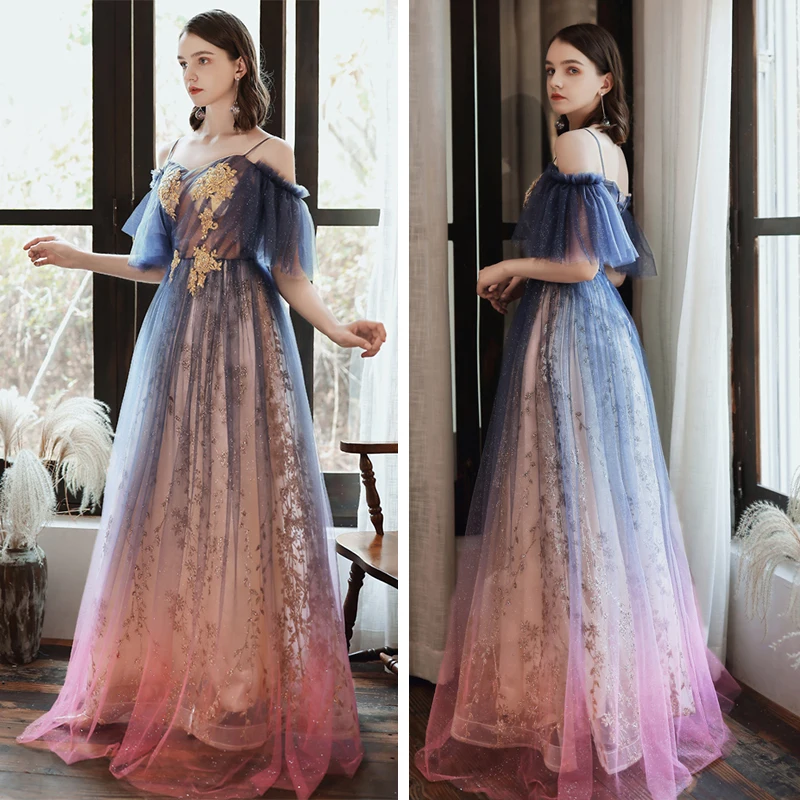 Chic Beautiful Navy Blue Gradient Color Candy Pink Evening Dresses 2020 A  Line Princess Spaghetti Straps 1 2 Sleeves Appliques Beading Sequins  Glitter Tulle Floor Length Long Ruffle Backless Formal Dresses