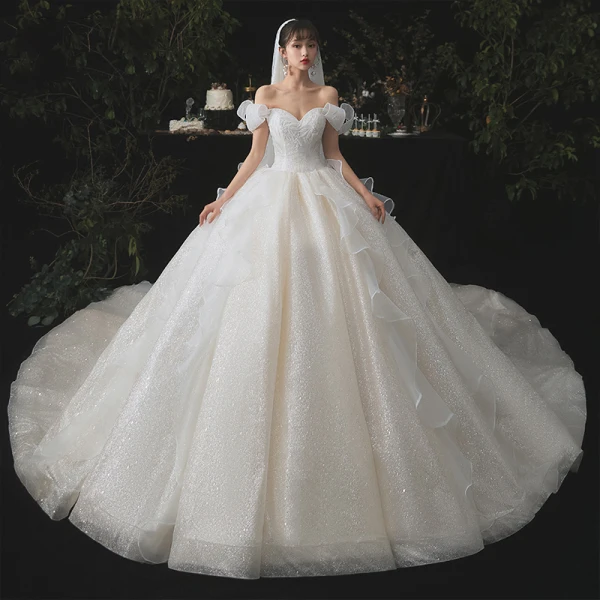 Cinderella Champagne Bridal Wedding Dresses 2020 Ball Gown Off-The-Shoulder Short Sleeve Backless Glitter Tulle Cathedral Train Cinderella Champagne Bridal Wedding Dresses 2020 Ball Gown Off-The-Shoulder Short Sleeve Backless Glitter Tulle Cathedral Train