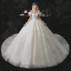Cinderella Champagne Bridal Wedding Dresses 2020 Ball Gown Off-The-Shoulder Short Sleeve Backless Glitter Tulle Cathedral Train