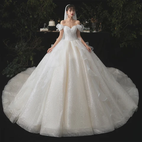 Cenicienta Champán Boda Vestidos De Novia 2020 Ball Gown Fuera Del Hombro Manga Corta Sin Espalda Glitter Tul Cathedral Train