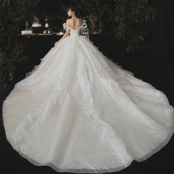 Cinderella Champagne Bridal Wedding Dresses 2020 Ball Gown Off-The-Shoulder Short Sleeve Backless Glitter Tulle Cathedral Train