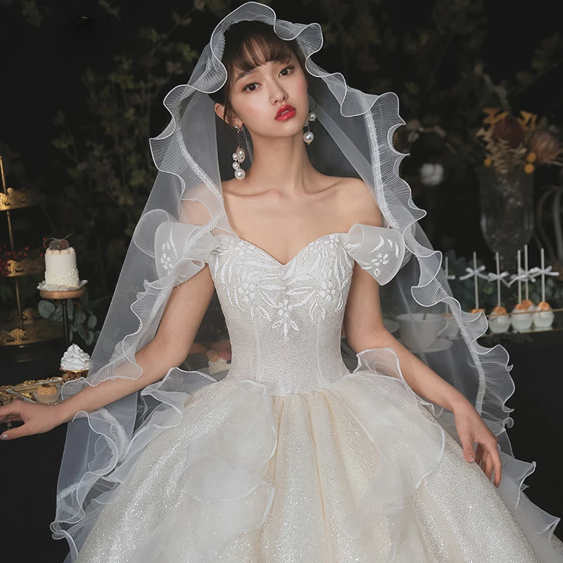 Cinderella Champagne Bridal Wedding Dresses 2020 Ball Gown Off The Shoulder  Short Sleeve Backless Glitter Tulle Cathedral Train