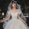Cinderella Champagne Bridal Wedding Dresses 2020 Ball Gown Off-The-Shoulder Short Sleeve Backless Glitter Tulle Cathedral Train