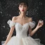 Cinderella Champagne Bridal Wedding Dresses 2020 Ball Gown Off-The-Shoulder Short Sleeve Backless Glitter Tulle Cathedral Train
