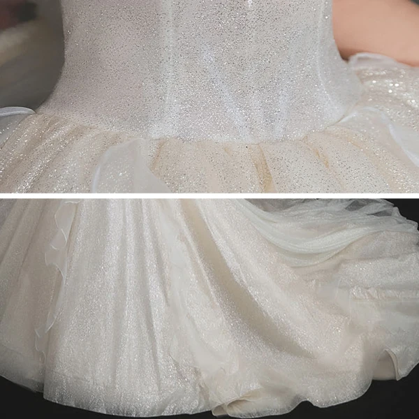 Cinderella Champagne Bridal Wedding Dresses 2020 Ball Gown Off-The-Shoulder Short Sleeve Backless Glitter Tulle Cathedral Train