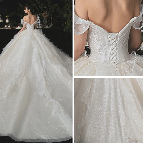 Cinderella Champagne Bridal Wedding Dresses 2020 Ball Gown Off-The-Shoulder Short Sleeve Backless Glitter Tulle Cathedral Train
