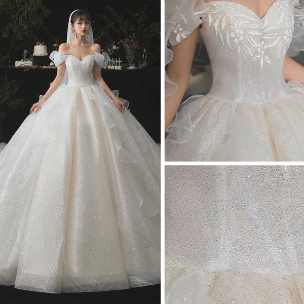 Cinderella Champagne Bridal Wedding Dresses 2020 Ball Gown Off-The-Shoulder Short Sleeve Backless Glitter Tulle Cathedral Train