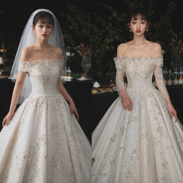 Luxury / Gorgeous Champagne Bridal Wedding Dresses 2020 Ball Gown Off-The-Shoulder Detachable Long Sleeve Backless Appliques Lace Beading Sequins Glitter Tulle Cathedral Train Ruffle
