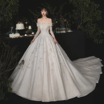 Luxury Gorgeous Champagne Bridal Wedding Dresses 2020 Ball Gown Off The Shoulder Detachable Long Sleeve Backless Appliques Lace Beading Sequins Glitter Tulle Cathedral Train Ruffle