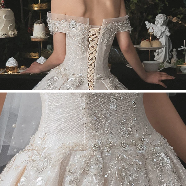Luxury / Gorgeous Champagne Bridal Wedding Dresses 2020 Ball Gown Off-The-Shoulder Detachable Long Sleeve Backless Appliques Lace Beading Sequins Glitter Tulle Cathedral Train Ruffle