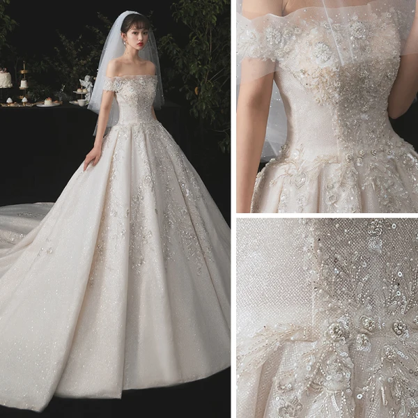 Luxury / Gorgeous Champagne Bridal Wedding Dresses 2020 Ball Gown Off-The-Shoulder Detachable Long Sleeve Backless Appliques Lace Beading Sequins Glitter Tulle Cathedral Train Ruffle