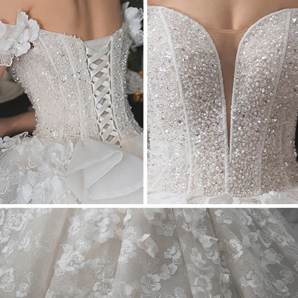 Romantisch Champagner Hochzeits Brautkleider / Hochzeitskleider 2020 Ballkleid Off Shoulder Kurze Ärmel Rückenfreies Applikationen Spitze Blumen Perlenstickerei Glanz Tülle Königliche Schleppe