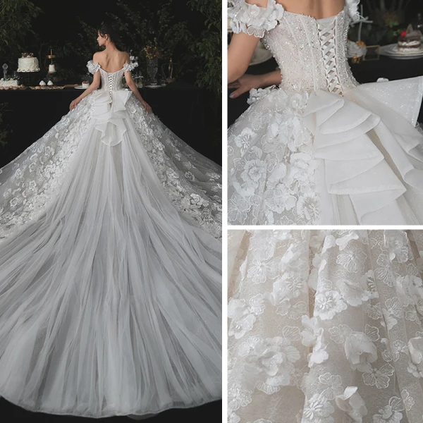 Romantisch Champagner Hochzeits Brautkleider / Hochzeitskleider 2020 Ballkleid Off Shoulder Kurze Ärmel Rückenfreies Applikationen Spitze Blumen Perlenstickerei Glanz Tülle Königliche Schleppe