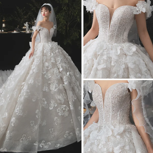 Romantisch Champagner Hochzeits Brautkleider / Hochzeitskleider 2020 Ballkleid Off Shoulder Kurze Ärmel Rückenfreies Applikationen Spitze Blumen Perlenstickerei Glanz Tülle Königliche Schleppe