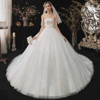 Chic Beautiful White Bridal Wedding Dresses 2020 Ball Gown Strapless Sleeveless Backless Beading Sequins Chapel Train Ruffle