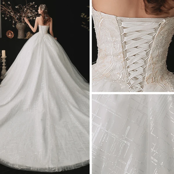 Chic / Belle Blanche La Mariée Robe De Mariée 2020 Robe Boule Bustier Sans Manches Dos Nu Perlage Paillettes Chapel Train Volants