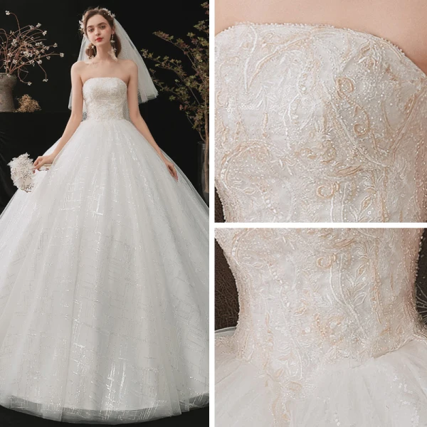 Chic / Belle Blanche La Mariée Robe De Mariée 2020 Robe Boule Bustier Sans Manches Dos Nu Perlage Paillettes Chapel Train Volants