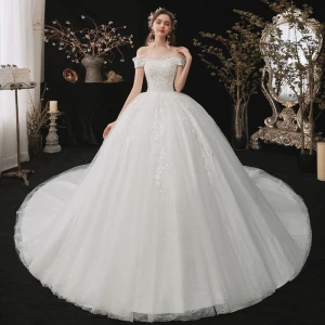 Chic Beautiful White Bridal Wedding Dresses 2020 Ball Gown Off The Shoulder Short Sleeve Backless Appliques Lace Sequins Chapel Train Ruffle