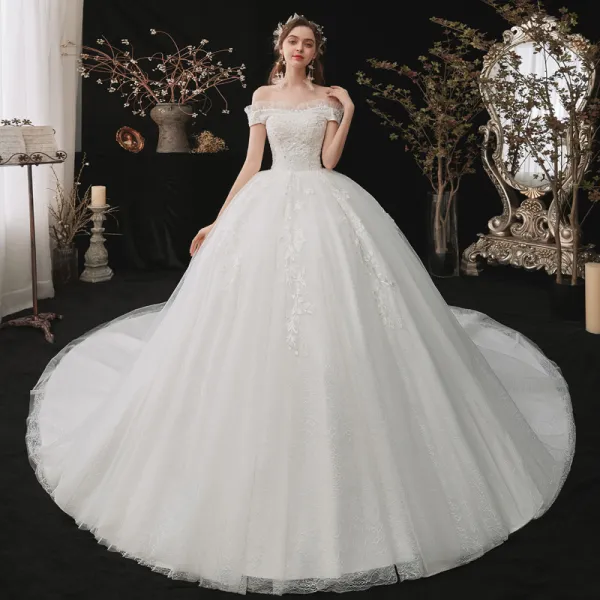 Chic / Beautiful White Bridal Wedding Dresses 2020 Ball Gown Off-The-Shoulder Short Sleeve Backless Appliques Lace Sequins Chapel Train Ruffle