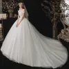 Chic / Beautiful White Bridal Wedding Dresses 2020 Ball Gown Off-The-Shoulder Short Sleeve Backless Appliques Lace Sequins Chapel Train Ruffle