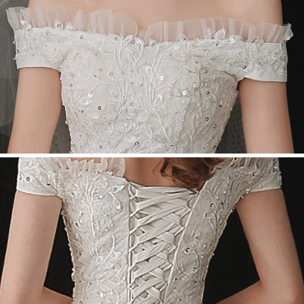 Schöne Weiß Hochzeits Brautkleider / Hochzeitskleider 2020 Ballkleid Off Shoulder Kurze Ärmel Rückenfreies Applikationen Spitze Pailletten Kapelle-Schleppe Rüschen