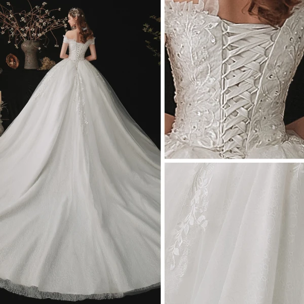 Schöne Weiß Hochzeits Brautkleider / Hochzeitskleider 2020 Ballkleid Off Shoulder Kurze Ärmel Rückenfreies Applikationen Spitze Pailletten Kapelle-Schleppe Rüschen