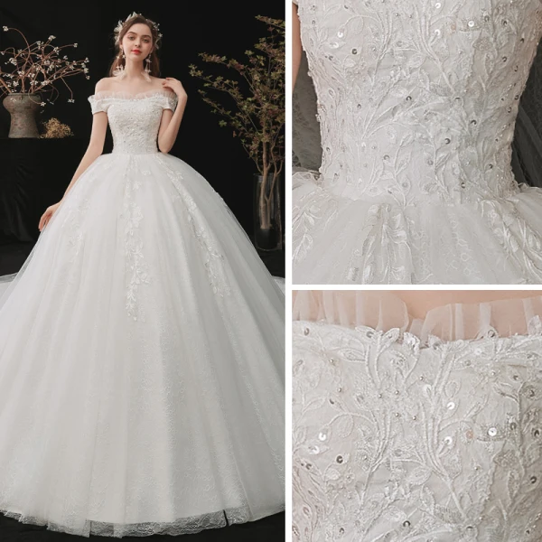 Schöne Weiß Hochzeits Brautkleider / Hochzeitskleider 2020 Ballkleid Off Shoulder Kurze Ärmel Rückenfreies Applikationen Spitze Pailletten Kapelle-Schleppe Rüschen