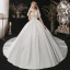 Mode Blanche Satin La Mariée Robe De Mariée 2020 Robe Boule Transparentes Encolure Carrée 1/2 Manches Dos Nu Appliques En Dentelle Paillettes Cathedral Train Volants