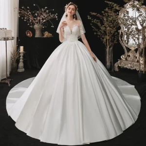 Fashion White Satin Bridal Wedding Dresses 2020 Ball Gown See Through Square Neckline 1 2 Sleeves Backless Appliques Lace Sequins Cathedral Train Ruffle