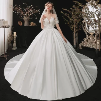 Fashion White Satin Bridal Wedding Dresses 2020 Ball Gown See Through Square Neckline 1 2 Sleeves Backless Appliques Lace Sequins Cathedral Train Ruffle