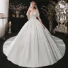 Fashion White Satin Bridal Wedding Dresses 2020 Ball Gown See-through Square Neckline 1/2 Sleeves Backless Appliques Lace Sequins Cathedral Train Ruffle