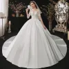 Fashion White Satin Bridal Wedding Dresses 2020 Ball Gown See-through Square Neckline 1/2 Sleeves Backless Appliques Lace Sequins Cathedral Train Ruffle