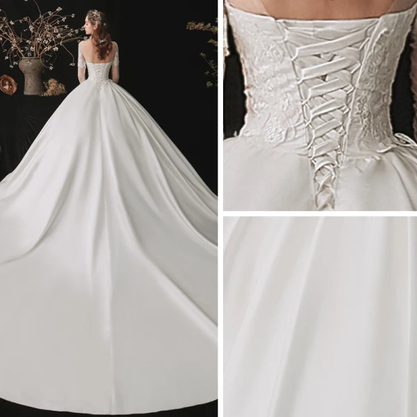 Mode Blanche Satin La Mariée Robe De Mariée 2020 Robe Boule Transparentes Encolure Carrée 1/2 Manches Dos Nu Appliques En Dentelle Paillettes Cathedral Train Volants