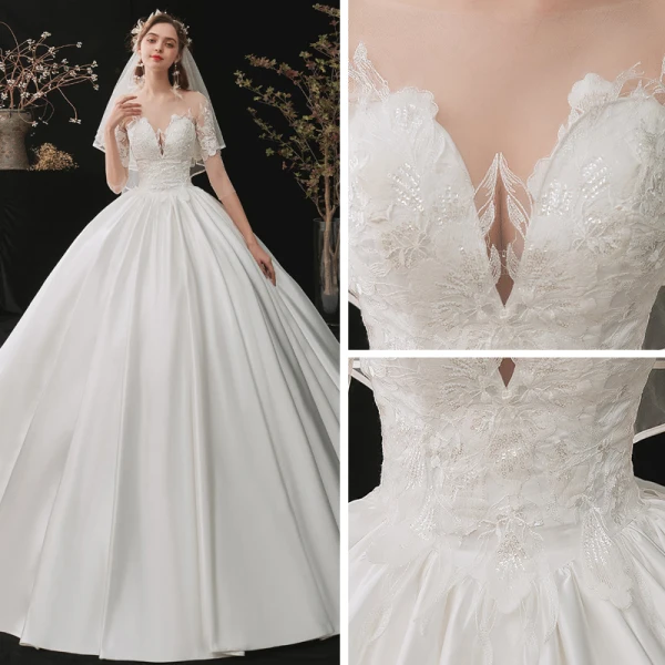 Mode Blanche Satin La Mariée Robe De Mariée 2020 Robe Boule Transparentes Encolure Carrée 1/2 Manches Dos Nu Appliques En Dentelle Paillettes Cathedral Train Volants