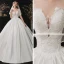 Mode Blanche Satin La Mariée Robe De Mariée 2020 Robe Boule Transparentes Encolure Carrée 1/2 Manches Dos Nu Appliques En Dentelle Paillettes Cathedral Train Volants