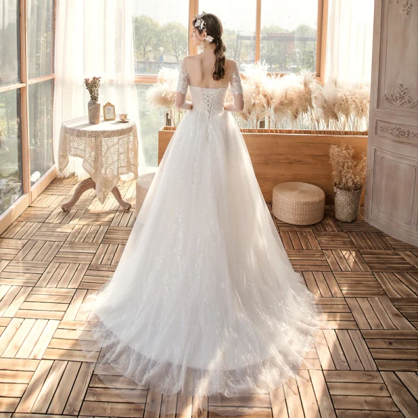 Chic / Belle Jardin / Extérieur Ivoire Robe De Mariée 2020 Princesse Transparentes Encolure Carrée 3/4 Manches Dos Nu Appliques En Dentelle Paillettes Train De Balayage Volants