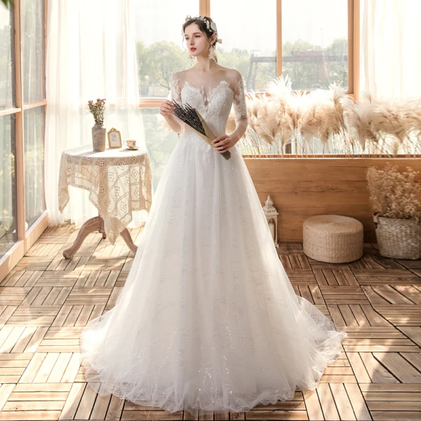 Chic / Belle Jardin / Extérieur Ivoire Robe De Mariée 2020 Princesse Transparentes Encolure Carrée 3/4 Manches Dos Nu Appliques En Dentelle Paillettes Train De Balayage Volants