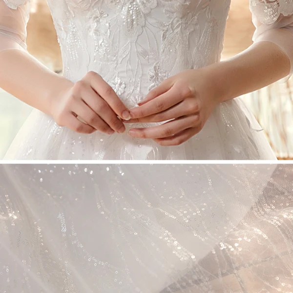 Chic / Belle Jardin / Extérieur Ivoire Robe De Mariée 2020 Princesse Transparentes Encolure Carrée 3/4 Manches Dos Nu Appliques En Dentelle Paillettes Train De Balayage Volants