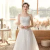 Elegant Outdoor / Garden White Wedding Dresses 2020 A-Line / Princess Sweetheart Sleeveless Backless Appliques Lace Beading Sweep Train Ruffle