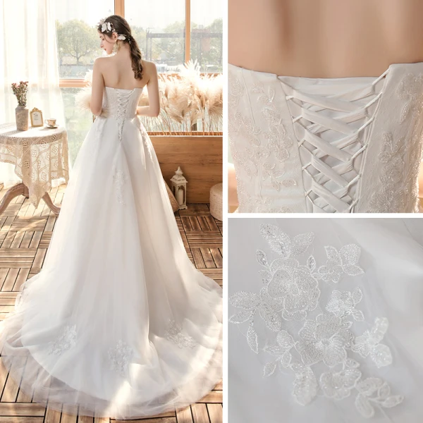 Elegant Outdoor / Garden White Wedding Dresses 2020 A-Line / Princess Sweetheart Sleeveless Backless Appliques Lace Beading Sweep Train Ruffle