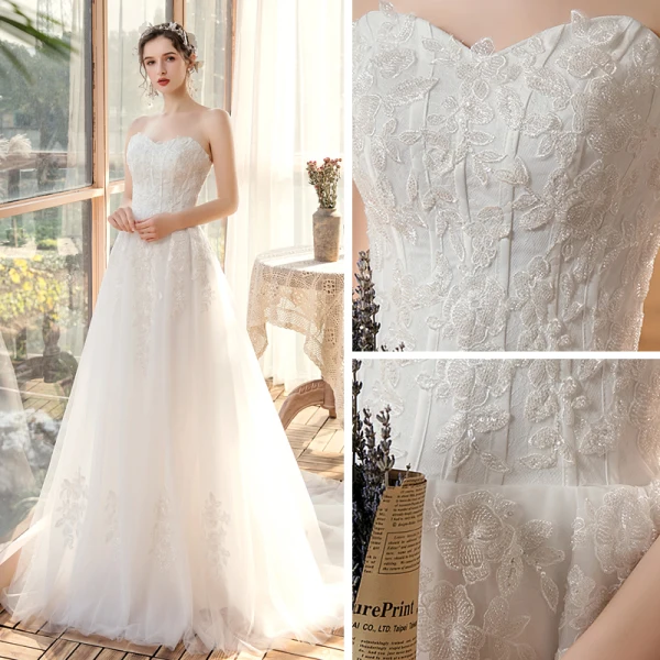 Elegant Outdoor / Garden White Wedding Dresses 2020 A-Line / Princess Sweetheart Sleeveless Backless Appliques Lace Beading Sweep Train Ruffle