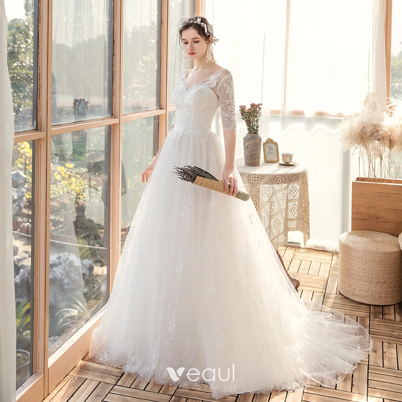 Affordable White Bridal Wedding Dresses 2020 A-Line / Princess V-Neck 1/2  Sleeves Backless Appliques Lace Beading Sweep Train Ruffle